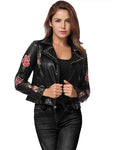 Fashion Women Embroidery Flower PU Faux Leather Jacket Coat Zipper Basic Moto Jacket Outerwear