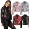 Fashion Women Embroidery Flower PU Faux Leather Jacket Coat Zipper Basic Moto Jacket Outerwear