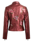 Fashion Women Embroidery Flower PU Faux Leather Jacket Coat Zipper Basic Moto Jacket Outerwear