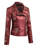 Fashion Women Embroidery Flower PU Faux Leather Jacket Coat Zipper Basic Moto Jacket Outerwear