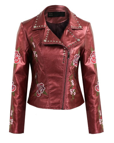 Fashion Women Embroidery Flower PU Faux Leather Jacket Coat Zipper Basic Moto Jacket Outerwear