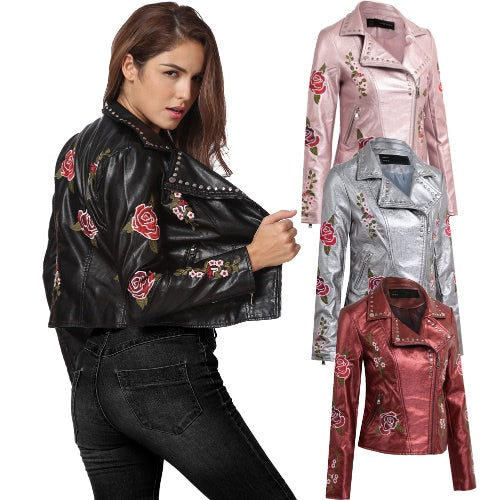 Fashion Women Embroidery Flower PU Faux Leather Jacket Coat Zipper Basic Moto Jacket Outerwear