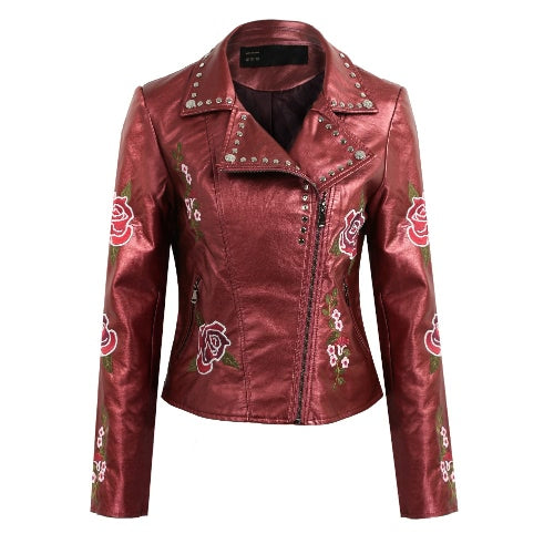 Fashion Women Embroidery Flower PU Faux Leather Jacket Coat Zipper Basic Moto Jacket Outerwear