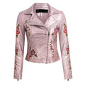 Fashion Women Embroidery Flower PU Faux Leather Jacket Coat Zipper Basic Moto Jacket Outerwear