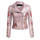 Fashion Women Embroidery Flower PU Faux Leather Jacket Coat Zipper Basic Moto Jacket Outerwear