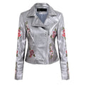 Fashion Women Embroidery Flower PU Faux Leather Jacket Coat Zipper Basic Moto Jacket Outerwear