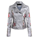 Fashion Women Embroidery Flower PU Faux Leather Jacket Coat Zipper Basic Moto Jacket Outerwear