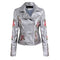 Fashion Women Embroidery Flower PU Faux Leather Jacket Coat Zipper Basic Moto Jacket Outerwear