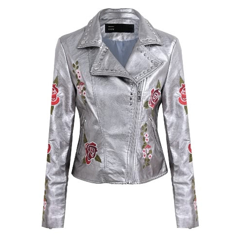 Fashion Women Embroidery Flower PU Faux Leather Jacket Coat Zipper Basic Moto Jacket Outerwear