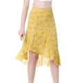 New Retro Women Floral Chiffon Skirt Asymmetric Frill Trim High Waist Side Zipper Midi Skirt Yellow