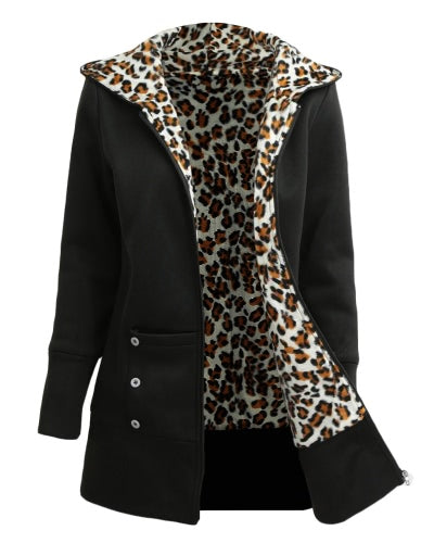 Winter Women Hoodies Coat Leopard Fleece Lining Zipper Warm Casual Hooded Outerwear