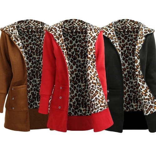 Winter Women Hoodies Coat Leopard Fleece Lining Zipper Warm Casual Hooded Outerwear