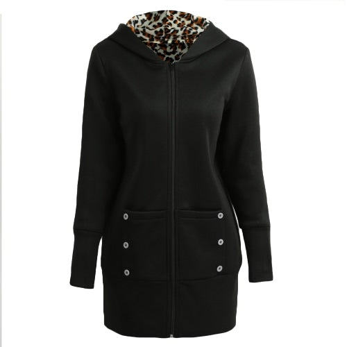 Winter Women Hoodies Coat Leopard Fleece Lining Zipper Warm Casual Hooded Outerwear