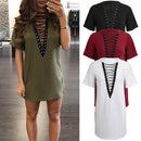 Women Lace Up Mini Dress Hollow Out Plunge V Short Sleeves Long T-Shirt Plus Size Casual Dress Vestidos