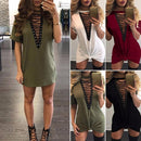 Women Lace Up Mini Dress Hollow Out Plunge V Short Sleeves Long T-Shirt Plus Size Casual Dress Vestidos