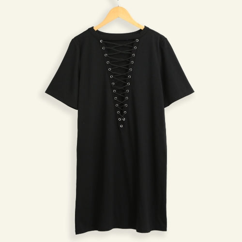 Women Lace Up Mini Dress Hollow Out Plunge V Short Sleeves Long T-Shirt Plus Size Casual Dress Vestidos