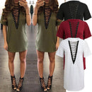 Women Lace Up Mini Dress Hollow Out Plunge V Short Sleeves Long T-Shirt Plus Size Casual Dress Vestidos