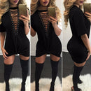 Women Lace Up Mini Dress Hollow Out Plunge V Short Sleeves Long T-Shirt Plus Size Casual Dress Vestidos