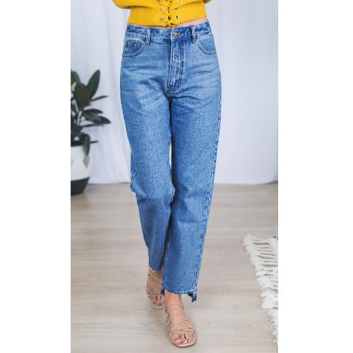 New Vintage Women Mid Waist Denim Mom Jeans Asymmetric Cuffs Washed Straight Boyfriend Jeans Blue