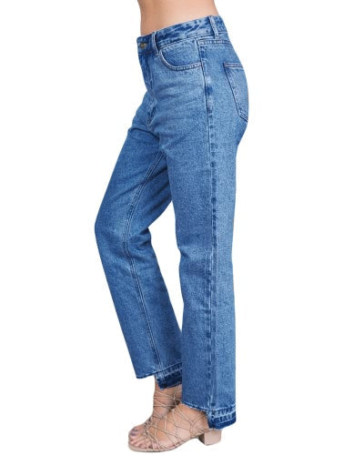 New Vintage Women Mid Waist Denim Mom Jeans Asymmetric Cuffs Washed Straight Boyfriend Jeans Blue