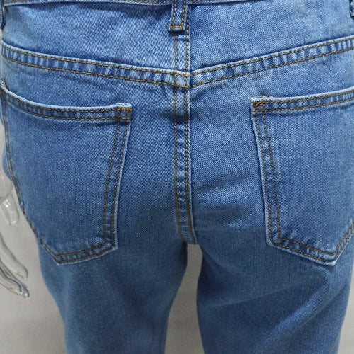 New Vintage Women Mid Waist Denim Mom Jeans Asymmetric Cuffs Washed Straight Boyfriend Jeans Blue