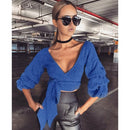 Sexy Women Crop Top Blouse Deep V-Neck 3/4 Sleeves Straps Solid Color Elegant Casual Top