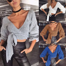 Sexy Women Crop Top Blouse Deep V-Neck 3/4 Sleeves Straps Solid Color Elegant Casual Top