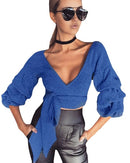 Sexy Women Crop Top Blouse Deep V-Neck 3/4 Sleeves Straps Solid Color Elegant Casual Top