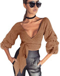 Sexy Women Crop Top Blouse Deep V-Neck 3/4 Sleeves Straps Solid Color Elegant Casual Top