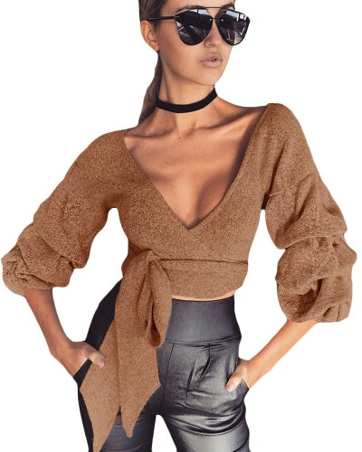 Sexy Women Crop Top Blouse Deep V-Neck 3/4 Sleeves Straps Solid Color Elegant Casual Top