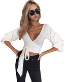 Sexy Women Crop Top Blouse Deep V-Neck 3/4 Sleeves Straps Solid Color Elegant Casual Top