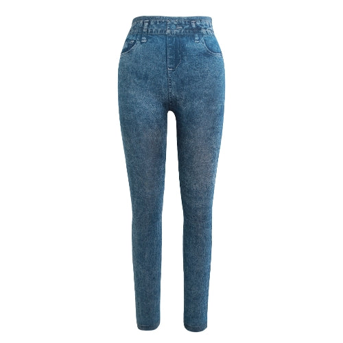 Women Leggings Faux Denim Jeans Printed Skinny Trousers Casual Tights Stretch Slim Pencil Pants