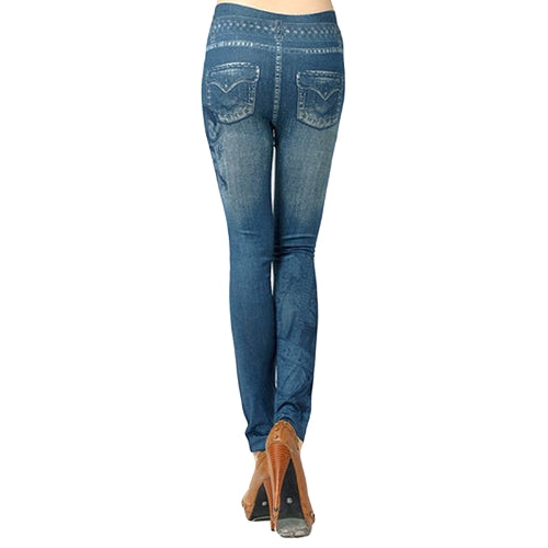 Women Leggings Faux Denim Jeans Printed Skinny Trousers Casual Tights Stretch Slim Pencil Pants