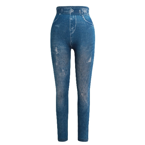 Women Leggings Faux Denim Jeans Printed Skinny Trousers Casual Tights Stretch Slim Pencil Pants