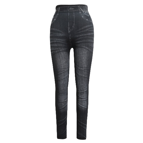 Women Leggings Faux Denim Jeans Printed Skinny Trousers Casual Tights Stretch Slim Pencil Pants