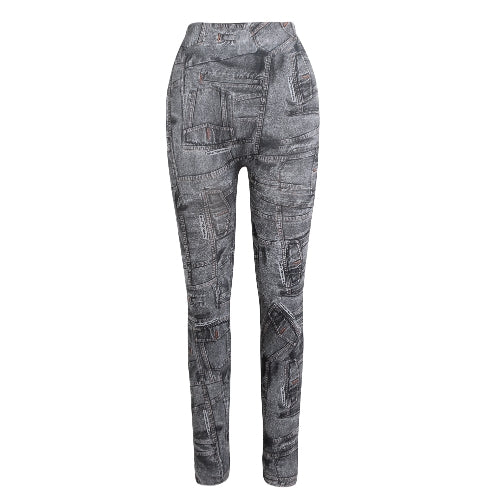 Women Leggings Faux Denim Jeans Printed Skinny Trousers Casual Tights Stretch Slim Pencil Pants