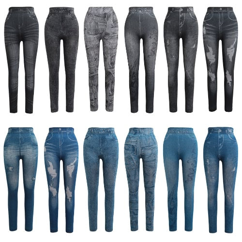 Women Leggings Faux Denim Jeans Printed Skinny Trousers Casual Tights Stretch Slim Pencil Pants