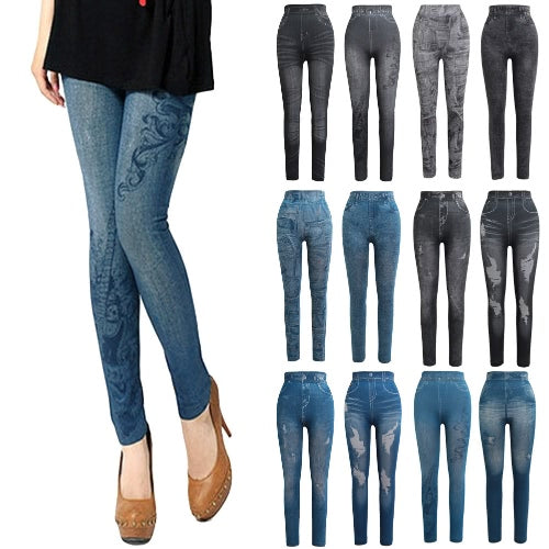 Women Leggings Faux Denim Jeans Printed Skinny Trousers Casual Tights Stretch Slim Pencil Pants