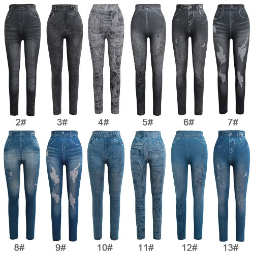 Women Leggings Faux Denim Jeans Printed Skinny Trousers Casual Tights Stretch Slim Pencil Pants