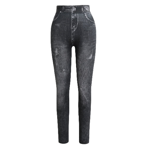 Women Leggings Faux Denim Jeans Printed Skinny Trousers Casual Tights Stretch Slim Pencil Pants