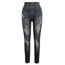 Women Leggings Faux Denim Jeans Printed Skinny Trousers Casual Tights Stretch Slim Pencil Pants