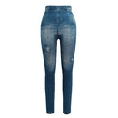 Women Leggings Faux Denim Jeans Printed Skinny Trousers Casual Tights Stretch Slim Pencil Pants