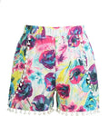 Women Shorts Colorful Floral Print Elastic High Waist Pom Pom Wide Legs Slim Casual Beach Wear