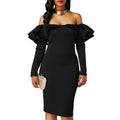 Sexy Women Bodycon Dress Off Shoulder Ruffles Solid Long Sleeves Elegant Party Club Mini Dresses