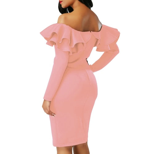 Sexy Women Bodycon Dress Off Shoulder Ruffles Solid Long Sleeves Elegant Party Club Mini Dresses