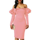 Sexy Women Bodycon Dress Off Shoulder Ruffles Solid Long Sleeves Elegant Party Club Mini Dresses