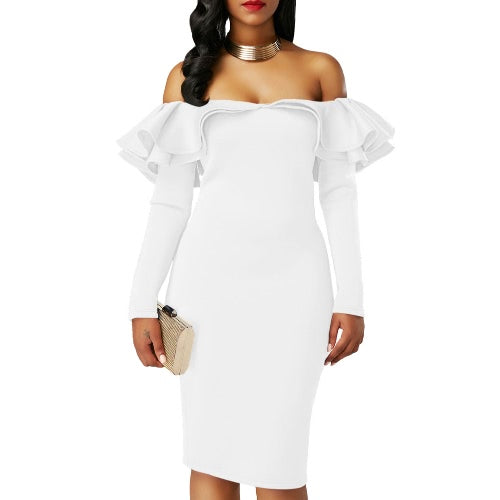 Sexy Women Bodycon Dress Off Shoulder Ruffles Solid Long Sleeves Elegant Party Club Mini Dresses