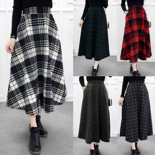 Winter Women Plaid Skirt Woolen High Elastic Waist Elegant A-Line Vintage Warm Midi Skirts