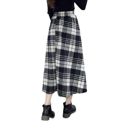 Winter Women Plaid Skirt Woolen High Elastic Waist Elegant A-Line Vintage Warm Midi Skirts