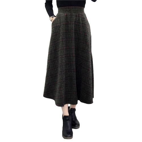 Winter Women Plaid Skirt Woolen High Elastic Waist Elegant A-Line Vintage Warm Midi Skirts